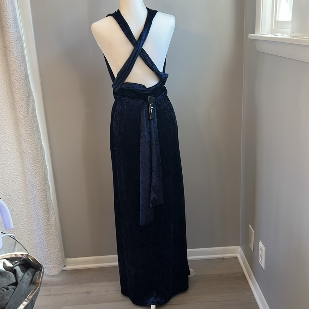 NWT Lulu’s Dreams of Sheen Navy Blue Velvet Convertible Maxi Dress SZ M - Picture 7 of 8